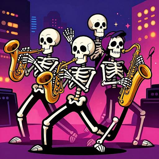 Digital illustration of four skeletal musicians playing saxophones on a neon-lit stage, with a vibrant pink and purple cityscape background.