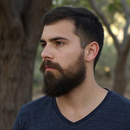Photograph of a bearded man with short black hair, wearing a dark grey V-neck shirt, gazing thoughtfully to the right, set against