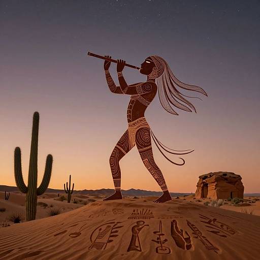 Silhouetted Native American woman playing flute in desert at sunset, adorned with intricate patterns, standing near cacti and rocky formations.