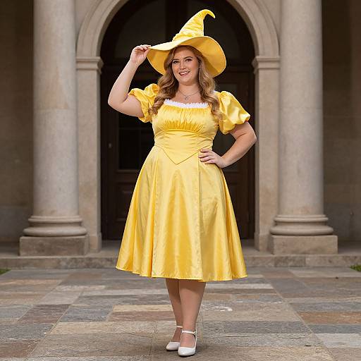 Photograph of a smiling woman in a yellow witch costume with puffed sleeves, hat, and white shoes, standing in front of an arched stone