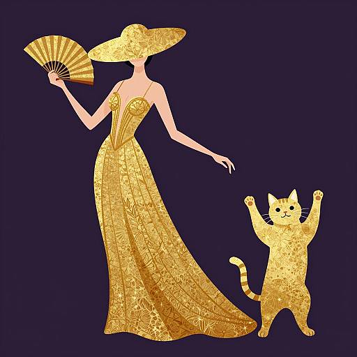 Elegant Woman in Golden Dress and Hat