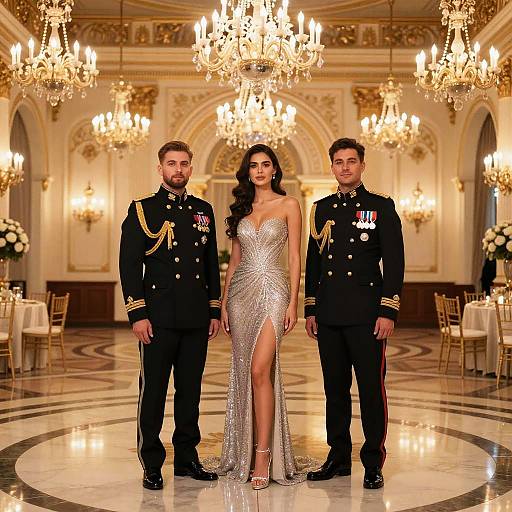Photograph of a brunette woman in a sparkly, silver, high-slit gown flanked by two male military officers in black uniforms, standing in