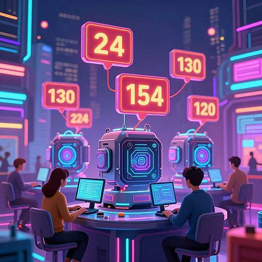 Neon-lit futuristic trading room with three operators, glowing red 