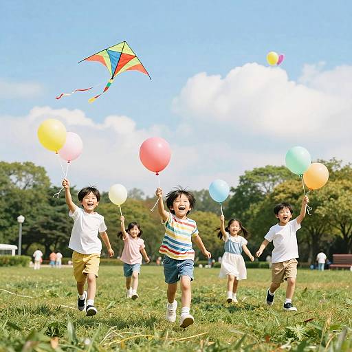Photograph of five Asian children joyfully running on a grassy field, flying colorful kites and balloons under a bright blue sky.