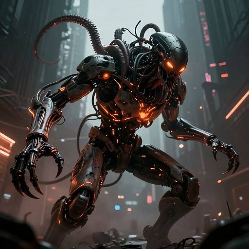 CGI digital art of a sleek, black, biomechanical alien with glowing orange eyes and claws, standing in a dark, futuristic cityscape.