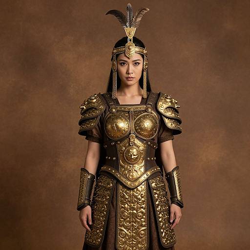 Photograph of an Asian woman in detailed, golden ancient Roman-style armor with intricate patterns, feathered helmet, and serious expression, against a brown textured