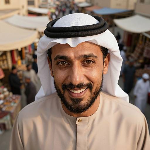 Photograph of a smiling Middle Eastern man with dark skin, black beard, white and black kufi, beige thobe, in a bustling outdoor