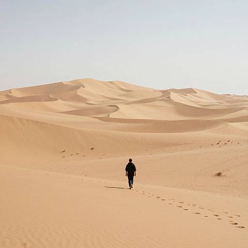 Photograph of a solitary figure in dark clothing walking through vast, sunlit desert sand dunes with footprints trailing behind.