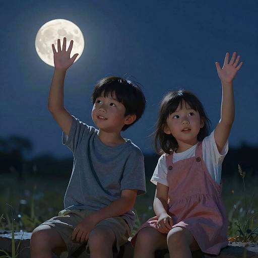 Kids Waving Under Moonlit Night