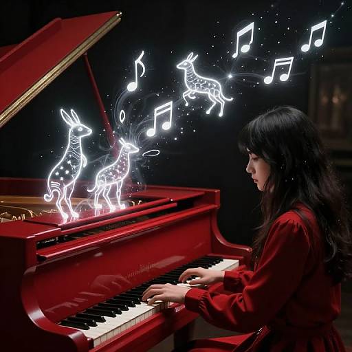 Haunting Crimson Piano with Glowing Wisps