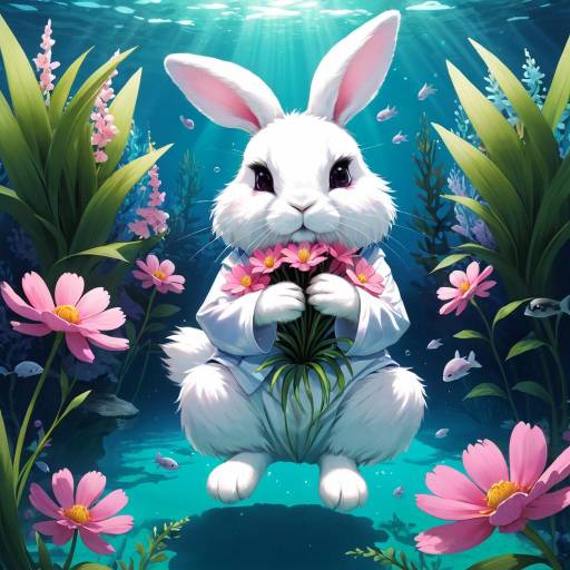 Underwater Rabbit Surrounded by Flowers