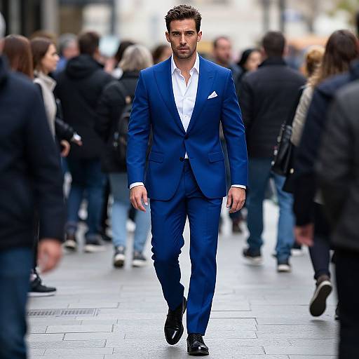 Photograph of a handsome man with short dark hair, wearing a blue suit, white shirt, black shoes, walking confidently through a blurred urban crowd.