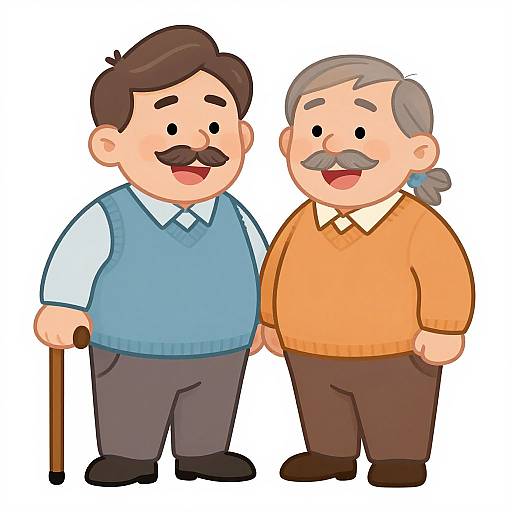 Cartoon illustration of an older couple: man with brown hair, blue sweater, black pants, and cane; woman with gray hair, orange sweater,