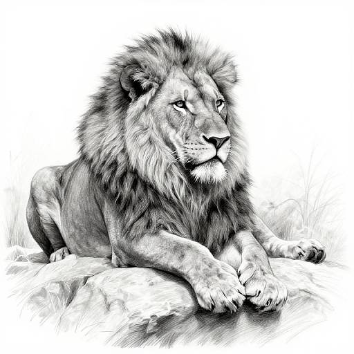 Black-and-white digital drawing of a majestic male lion with a thick mane, lying on rocks, gazing to the right. Detailed fur texture and realistic