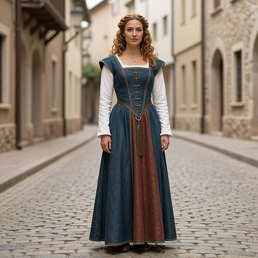 Photograph of a curly-haired woman in a blue and brown medieval-style dress with white sleeves, standing on a cobblestone street in a historic European