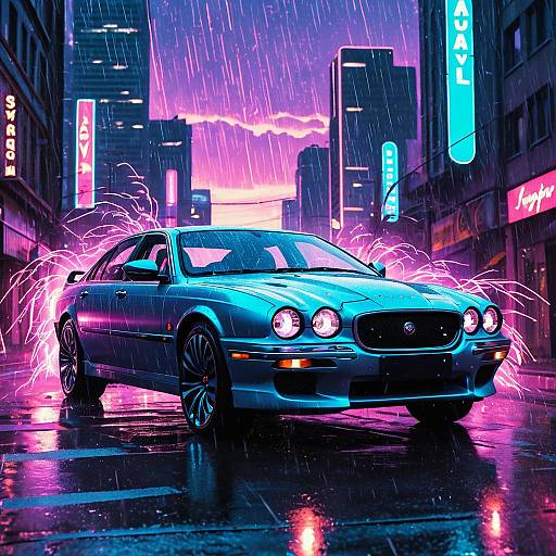 Synthwave Jaguar Sedan in Rainy Neon City