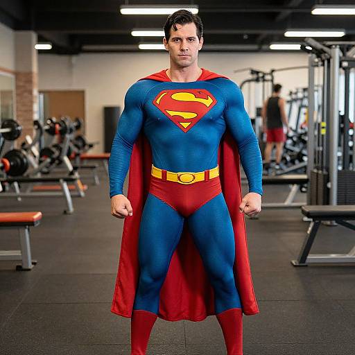 Photograph of a muscular man in a Superman costume standing in a modern gym, with red cape, blue suit, yellow belt, and red trunks