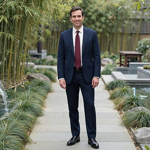 Photograph of a smiling man in a dark suit, red tie, and white shirt standing on a garden pathway with bamboo and rock landscaping in the background
