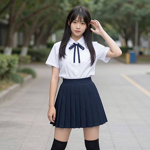 Photograph of an Asian teenage girl with long black hair, wearing a white blouse with a black ribbon, black pleated skirt, and black knee-high