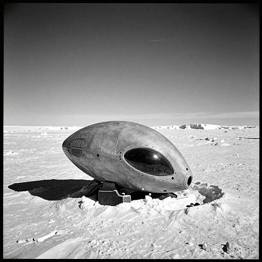 Black-and-white photograph of a weathered, metallic UFO-shaped object lying on a snow-covered, desolate landscape with a clear, gradient sky.