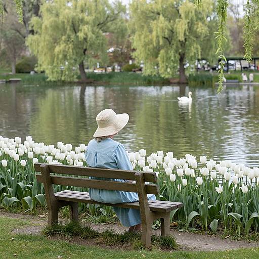 Serene Lakeside Scene with Elderly Woman