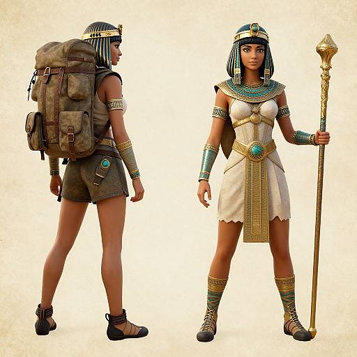 Digital illustration of an Egyptian warrior woman in front and back views, wearing striped headdress, white dress, gold accessories, holding staff, with backpack,