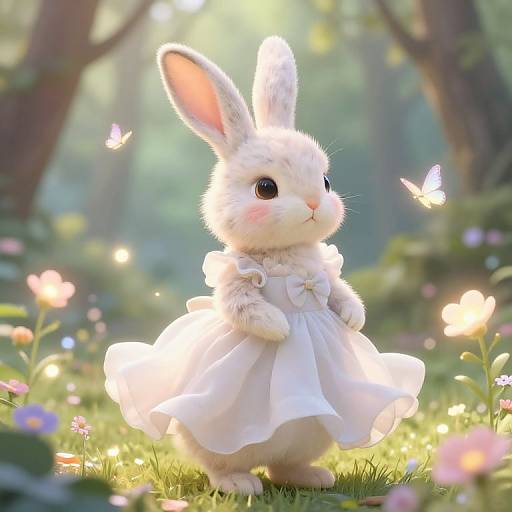 Digital artwork of an adorable white bunny in a frilled white dress, surrounded by glowing butterflies and colorful flowers in a sunlit forest.