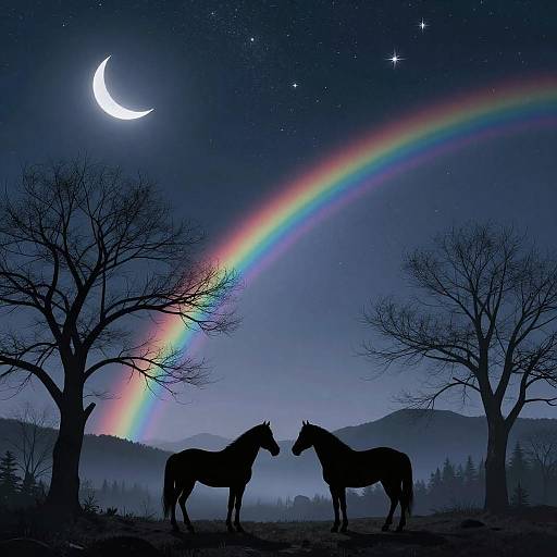 Mystical Night Scene with Horses and Rainbow