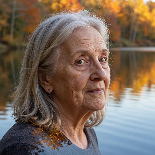 Photograph of an elderly woman with silver hair, wrinkles, and a gentle smile, standing by a reflective lake with autumn foliage in the background.