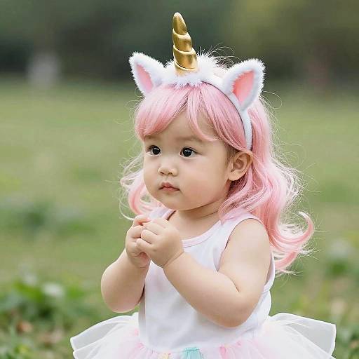 Photograph of a chubby Asian baby girl with pink hair, white unicorn horn headband, and white dress, standing in a grassy field.