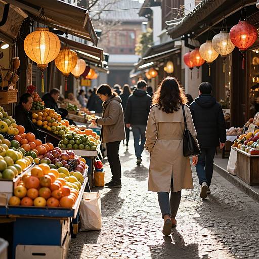 Sunlit Market Alley with Fruit Stalls and Lanterns