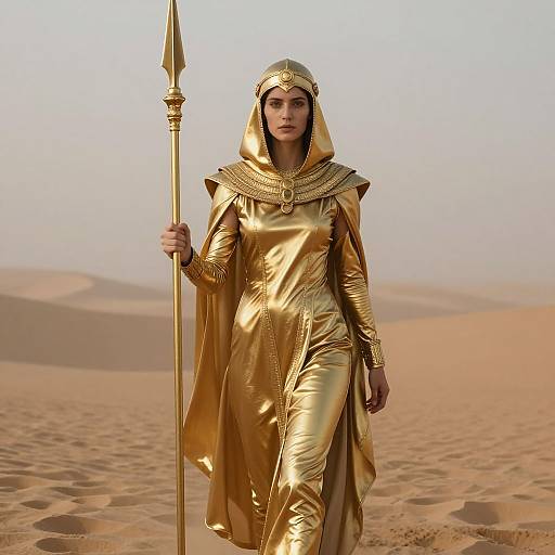 Photorealistic CGI of a regal woman in a shimmering gold desert outfit and hood, holding a tall gold spear, standing in a sandy,
