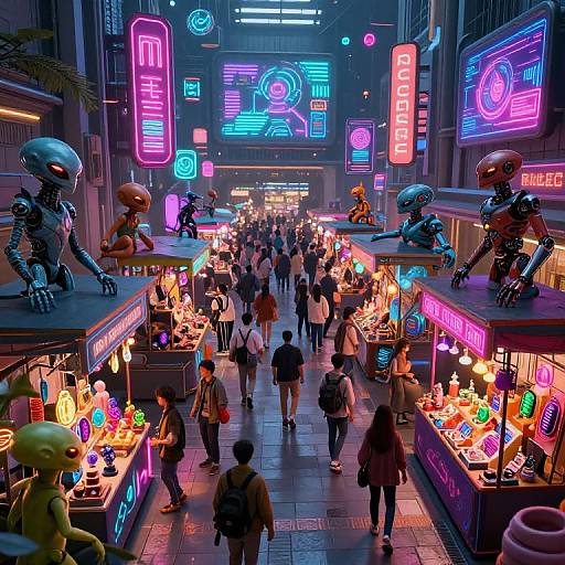 Neon-lit, cyberpunk street market with robotic creatures, vibrant neon signs, bustling crowd, and colorful stalls selling glowing items. Digital art style