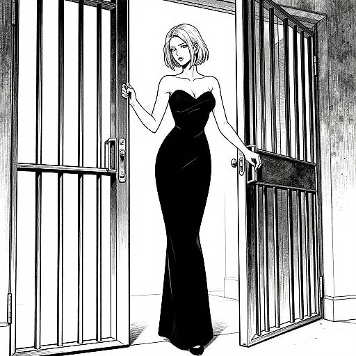 Black-and-white manga-style drawing of a short-haired woman in a strapless, form-fitting black gown standing in an open jail cell door. Her
