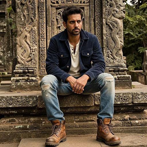 Rugged Man at Ancient Stone Temple