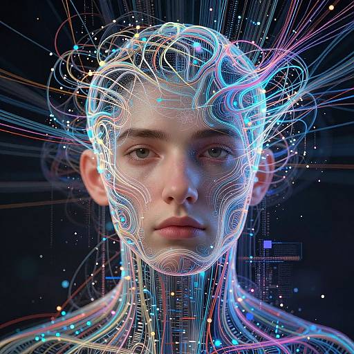 Digital art of a young, pale-skinned person with glowing, intricate, neon lines and circuits surrounding their head and neck against a dark background.