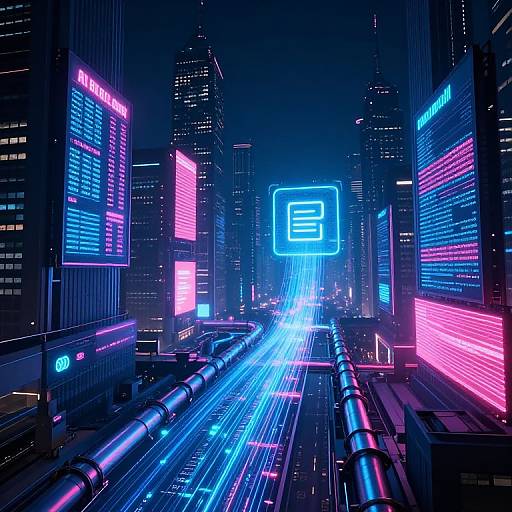 Neon-lit futuristic cityscape at night, featuring glowing blue and pink electronic signs, towering skyscrapers, and illuminated subway tracks.