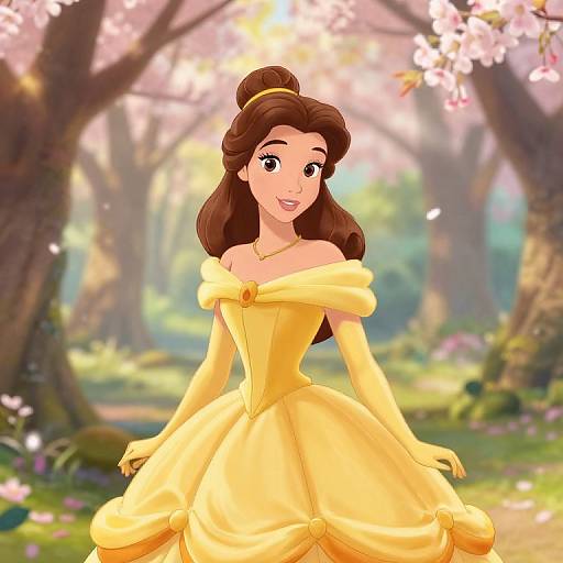 Digital illustration of a smiling Disney-style princess in a yellow off-shoulder ballgown, standing in a sunlit cherry blossom forest.