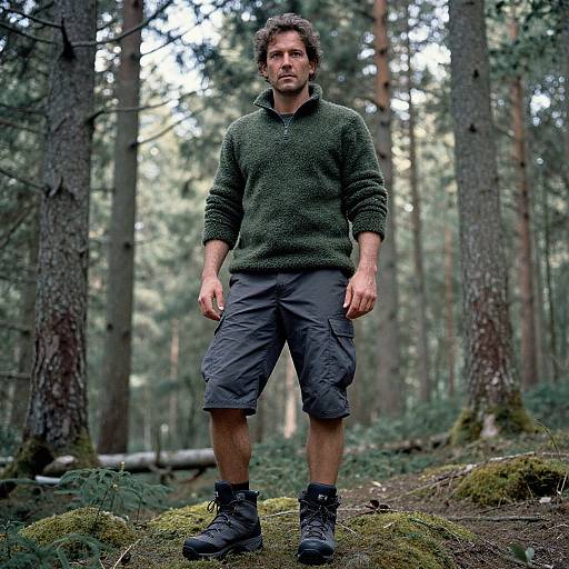 Photograph of a rugged, dark-haired man in a green fleece and gray cargo shorts, standing in a mossy forest, with tall trees in the