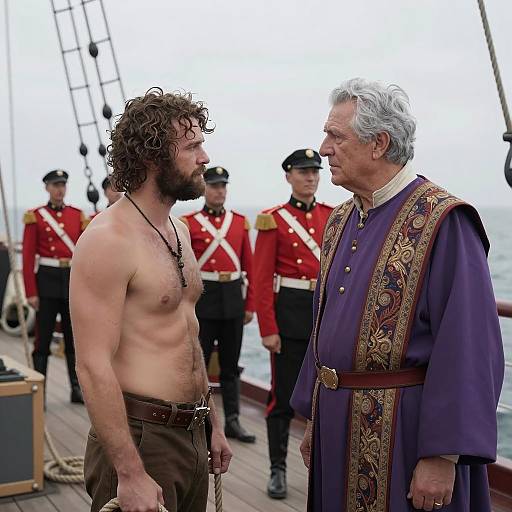 Shirtless Man and Grey-haired Man on Ship Deck
