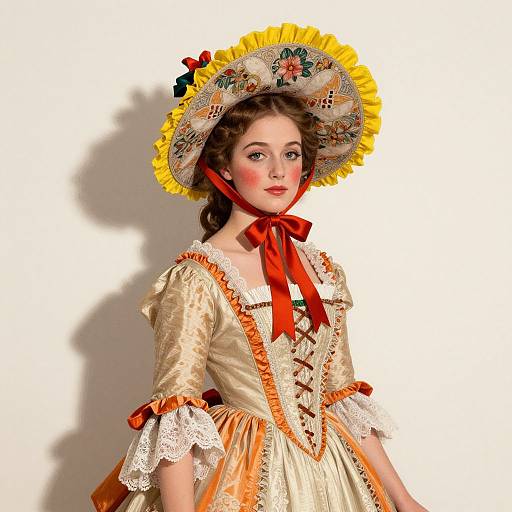 Photograph of a fair-skinned woman in a Victorian-style, cream and orange dress with lace, red ribbon bow, and yellow floral hat.