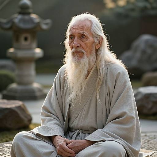 Photograph of an elderly Caucasian man with long white hair and beard, wearing a light gray robe, seated in a serene Japanese garden with a stone lantern