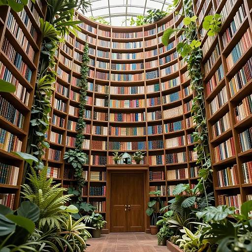 Photograph of a lush, circular library with wooden shelves filled with colorful books, vines climbing the walls, and potted plants on the floor.