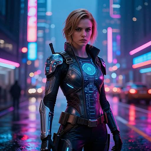 Photorealistic CGI of a determined blonde woman in futuristic black armor with glowing blue patterns, standing in a neon-lit, rain-soaked urban street