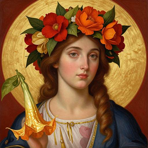Digital artwork of a young woman with fair skin, brown wavy hair, wearing a flower crown, golden halo, blue robe, holding a trumpet flower
