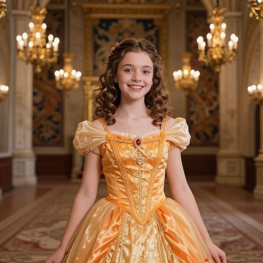 Photograph of a young, smiling girl with curly brown hair in an ornate, yellow, puffed-sleeve ball gown, standing in an