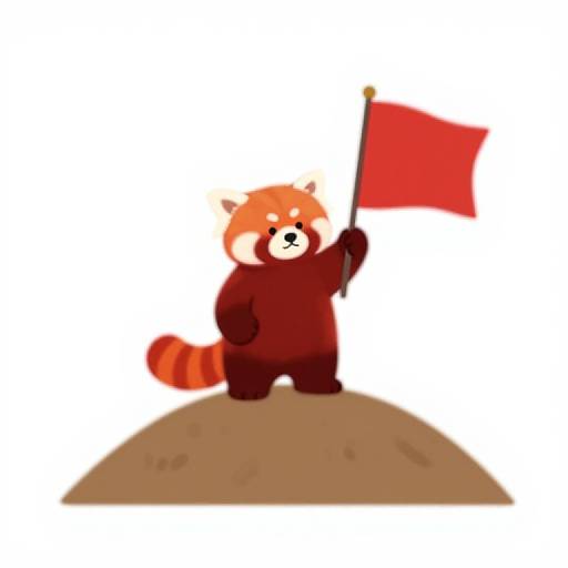 Cartoon red panda standing on a brown hill, holding a red flag upright, with a cheerful expression and striped tail.