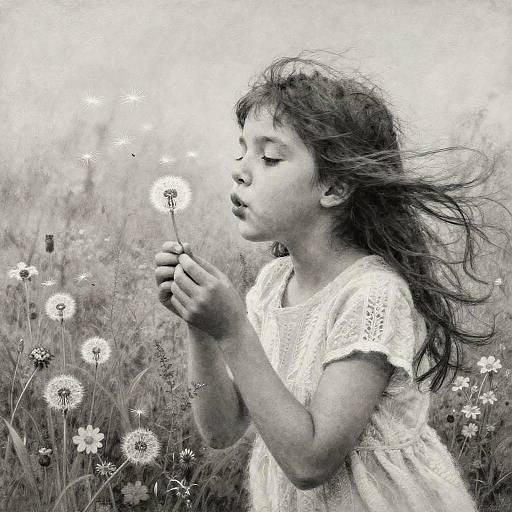 Charcoal Painting of Girl Blowing Dandelion Seeds