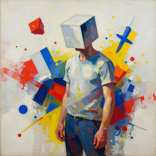 Digital painting of a faceless man in a white t-shirt, with a white cube head, surrounded by vibrant abstract geometric shapes and splashes of red