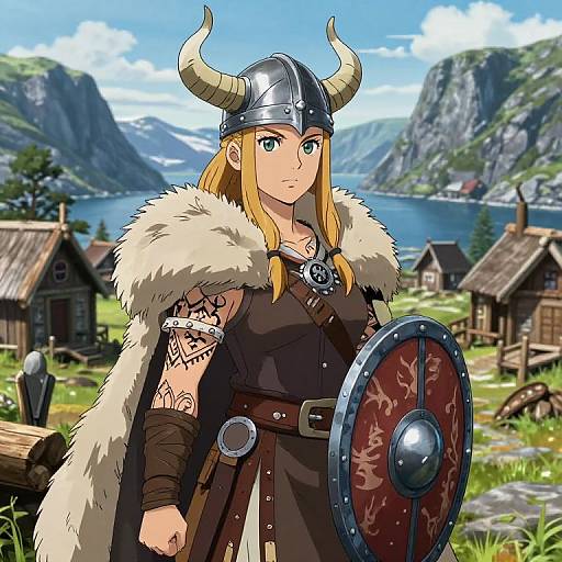 Digital anime-style drawing of a blonde Viking woman with horns, fur cloak, black armor, tattoos, shield, and village background.